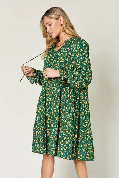 Double Take Full Size Printed Ruffle Hem Long Sleeve Tiered Dress - Roe Creation