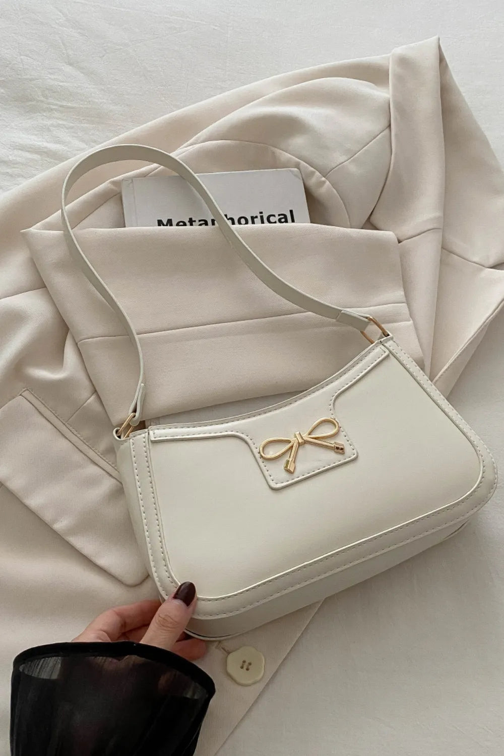 Bow Trim PU Leather Shoulder Bag - Roe Creation