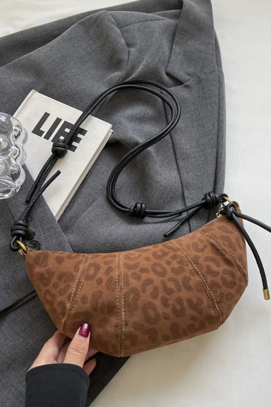 Leopard Print Suede Shoulder Bag with PU Leather Strap - Roe Creation
