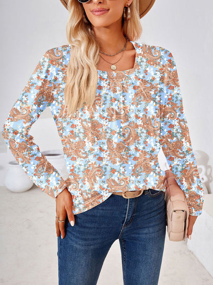 Boho Square Neck Long Sleeve Blouse – Full Size Bohemian Chic Top - Roe Creation