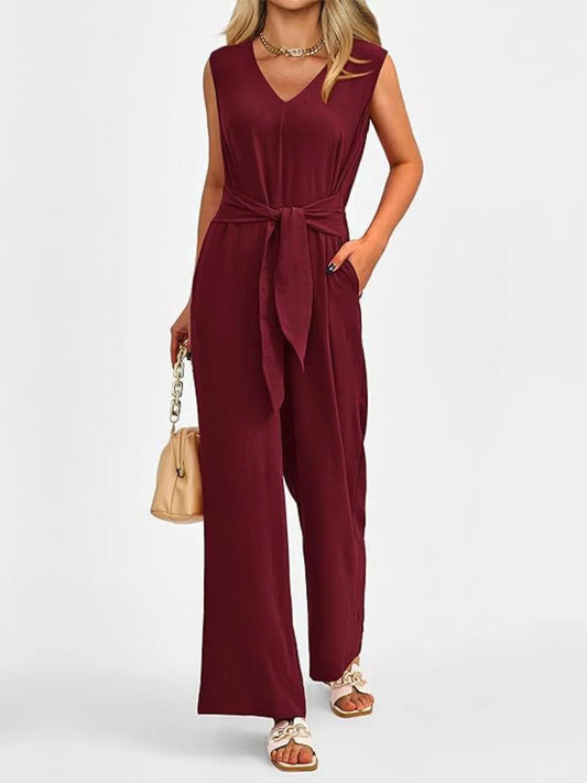 V-Neck Sleeveless Wide-Leg Jumpsuit with Waist Tie - Roe Creation