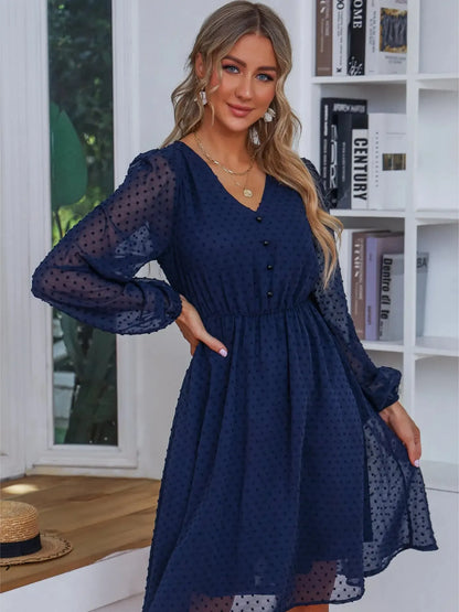Swiss Dot V-Neck Balloon Sleeve Dress - Roe Creation