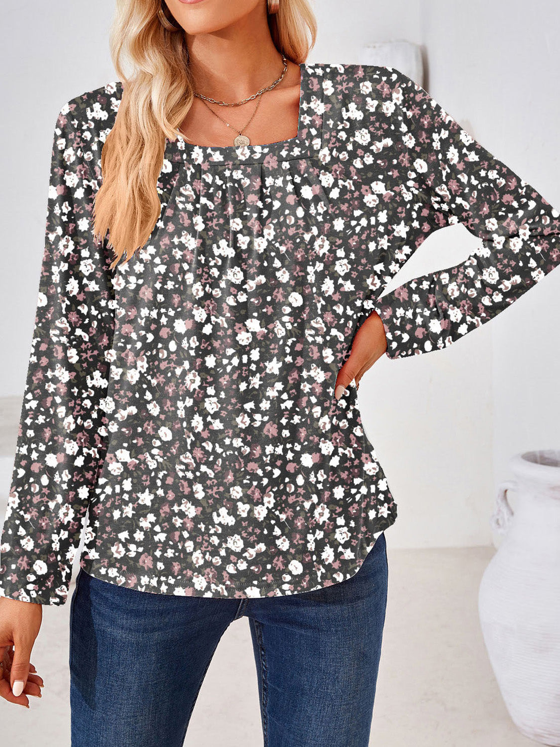 Boho Square Neck Long Sleeve Blouse – Full Size Bohemian Chic Top - Roe Creation
