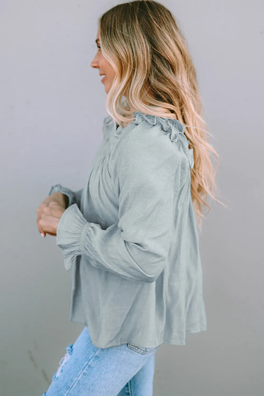 Chic Frill Trim Blouse with Flounce Sleeves - Roe Creation