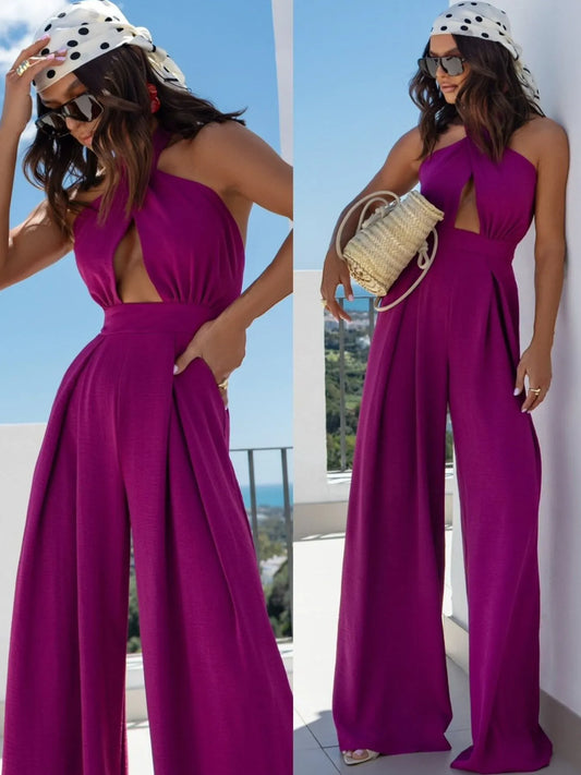 Wide Leg Cutout Halter Neck Jumpsuit - Roe Creation