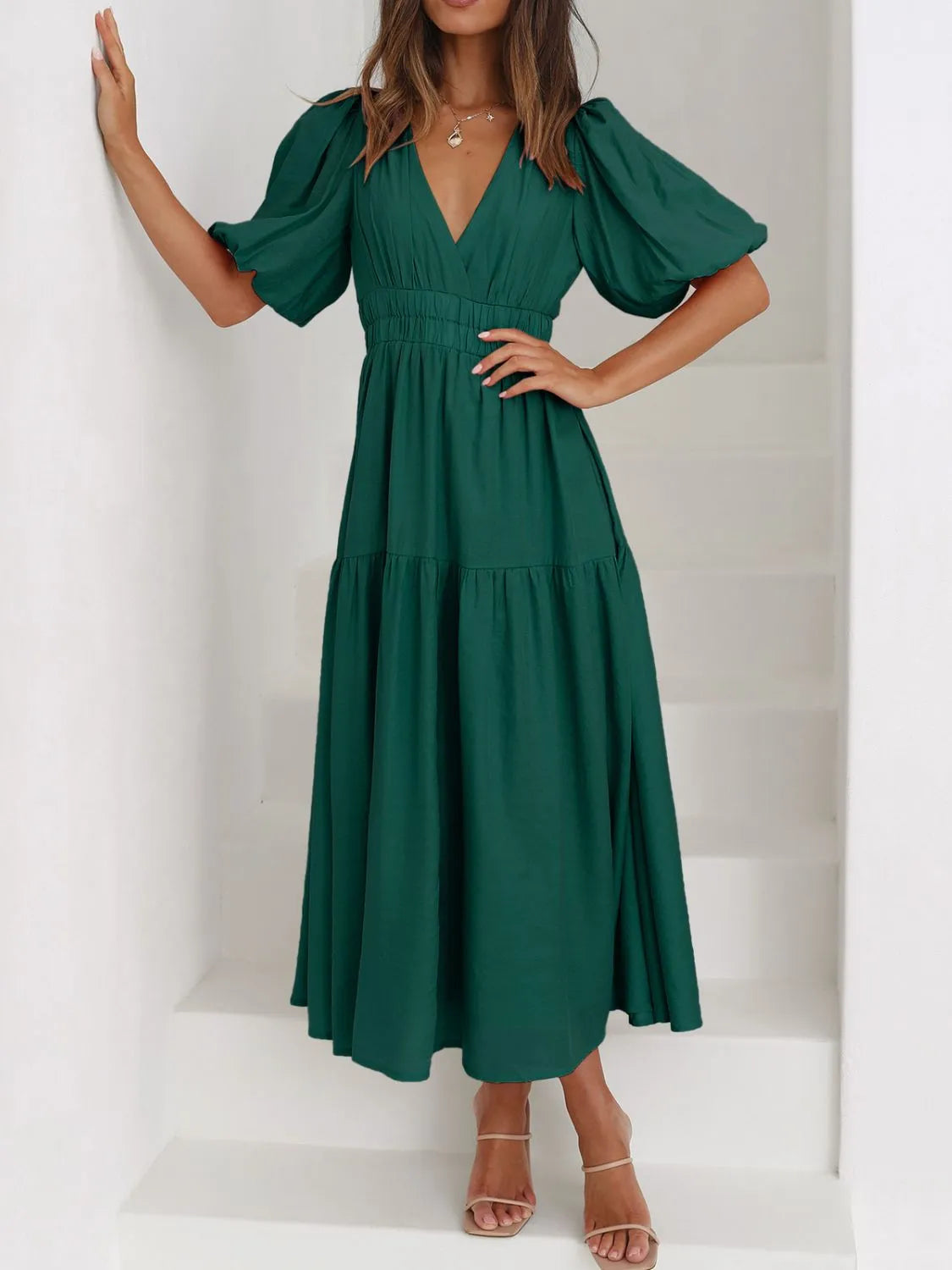 V-Neck Puff Sleeve Midi Dress - Roe Creation
