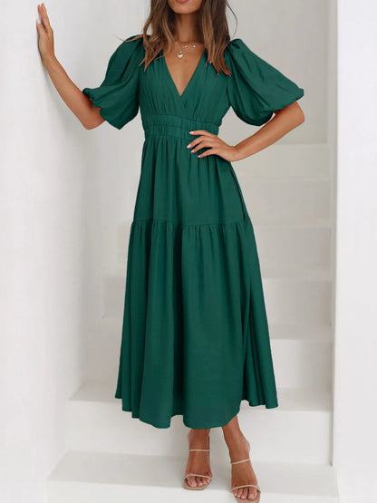 V-Neck Puff Sleeve Midi Dress - Roe Creation
