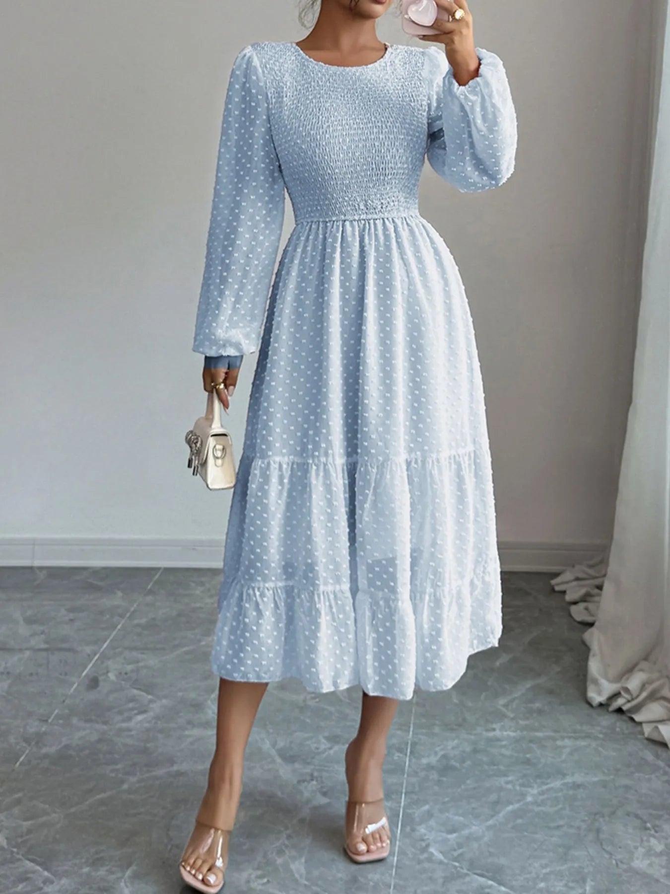 Polka Dot Long Sleeve Tiered Midi Dress - Roe Creation