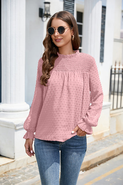 Smocked Swiss Dot Mock Neck Top – Elegant Sheer Blouse for Women - Roe Creation