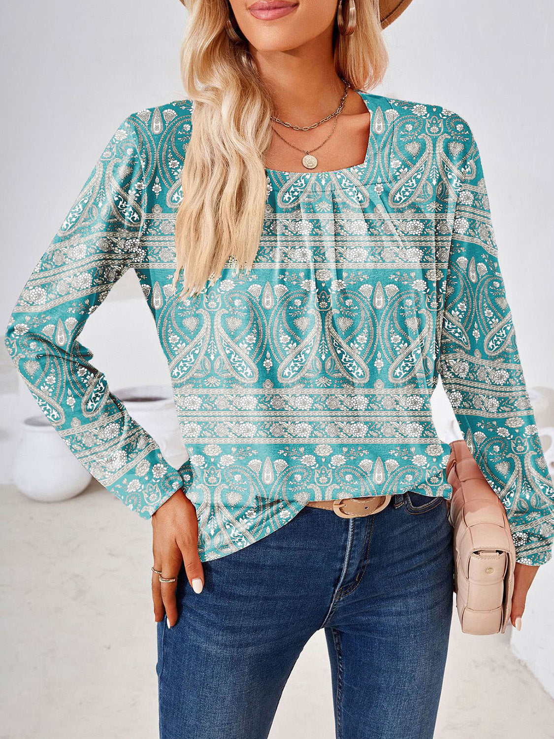 Boho Square Neck Long Sleeve Blouse – Full Size Bohemian Chic Top - Roe Creation