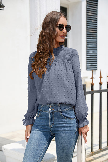 Smocked Swiss Dot Mock Neck Top – Elegant Sheer Blouse for Women - Roe Creation
