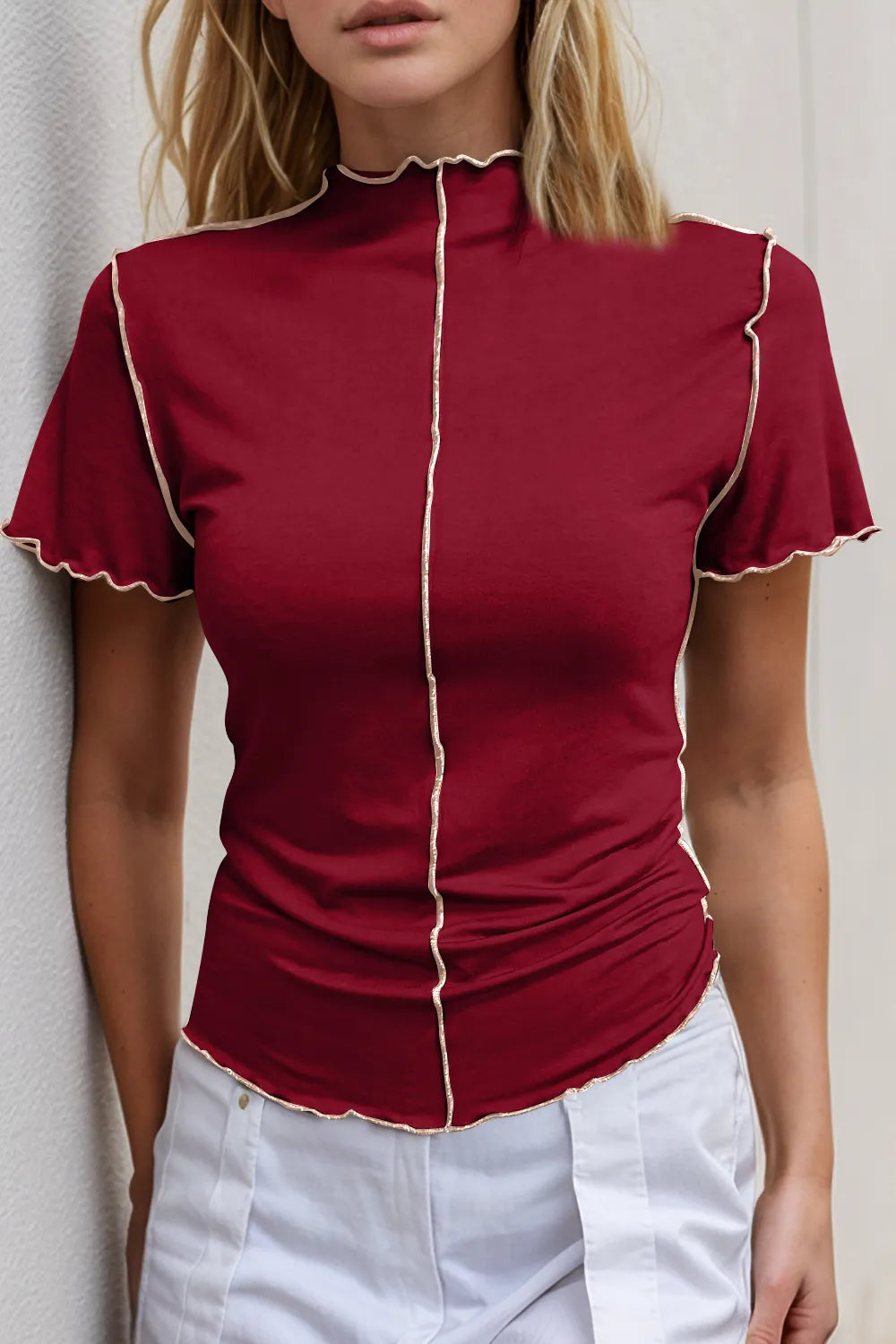 Basic Bae Contrast Trim Mock Neck Short Sleeve T-Shirt - Roe Creation