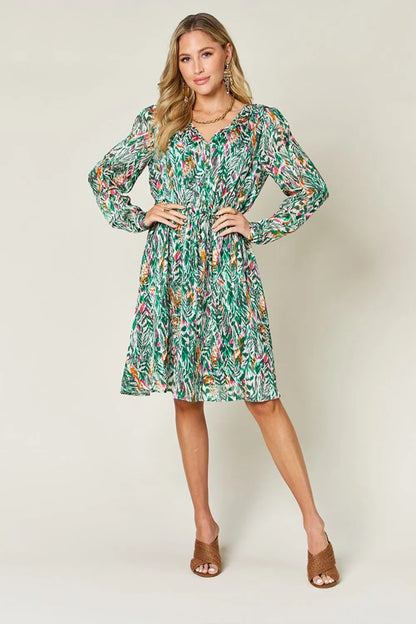 Double Take Full Size Printed Drawstring Waist Long Sleeve Dress - Roe Creation