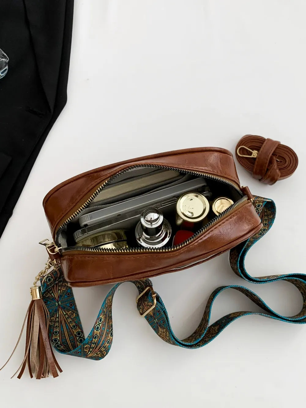 Tassel Cassette Vintage Crossbody Bag with PU Leather and Printed Strap - Roe Creation