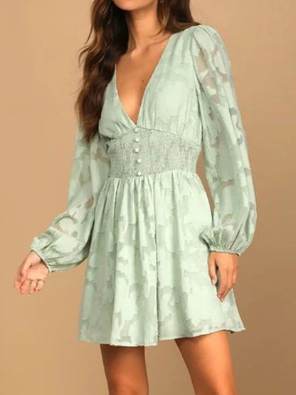 Smocked V-Neck Balloon Sleeve Dress - Roe Creation