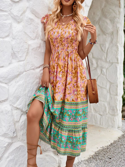 Printed Round Neck Cap Sleeve Dress - Roe Creation
