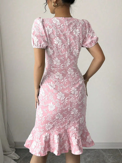 Floral Short Sleeve Dress with Ruffled Hem - Roe Creation