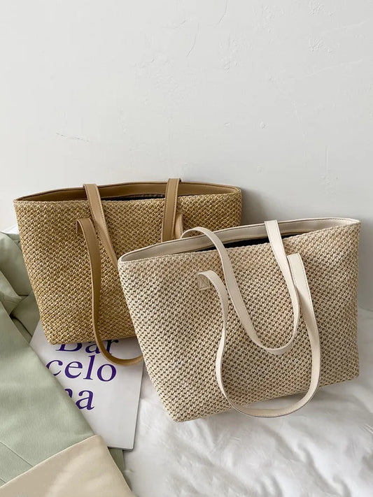 Woven Straw Tote Bag in Solid Colour - Roe Creation
