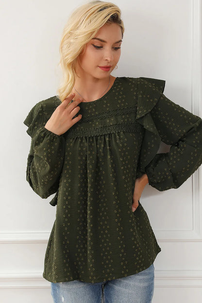 Women’s Round Neck Ruffled Blouse with Lace Detail – Elegant Casual Top - Roe Creation