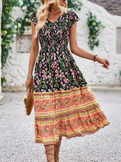 Printed Round Neck Cap Sleeve Dress - Roe Creation
