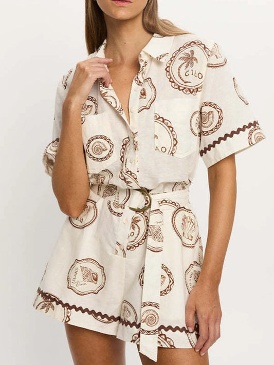 Printed Button-Up Half Sleeve Romper - Roe Creation
