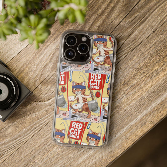Cute Red Cat Ramen Clear iPhone and Samsung Case - Funny Red Cat Design