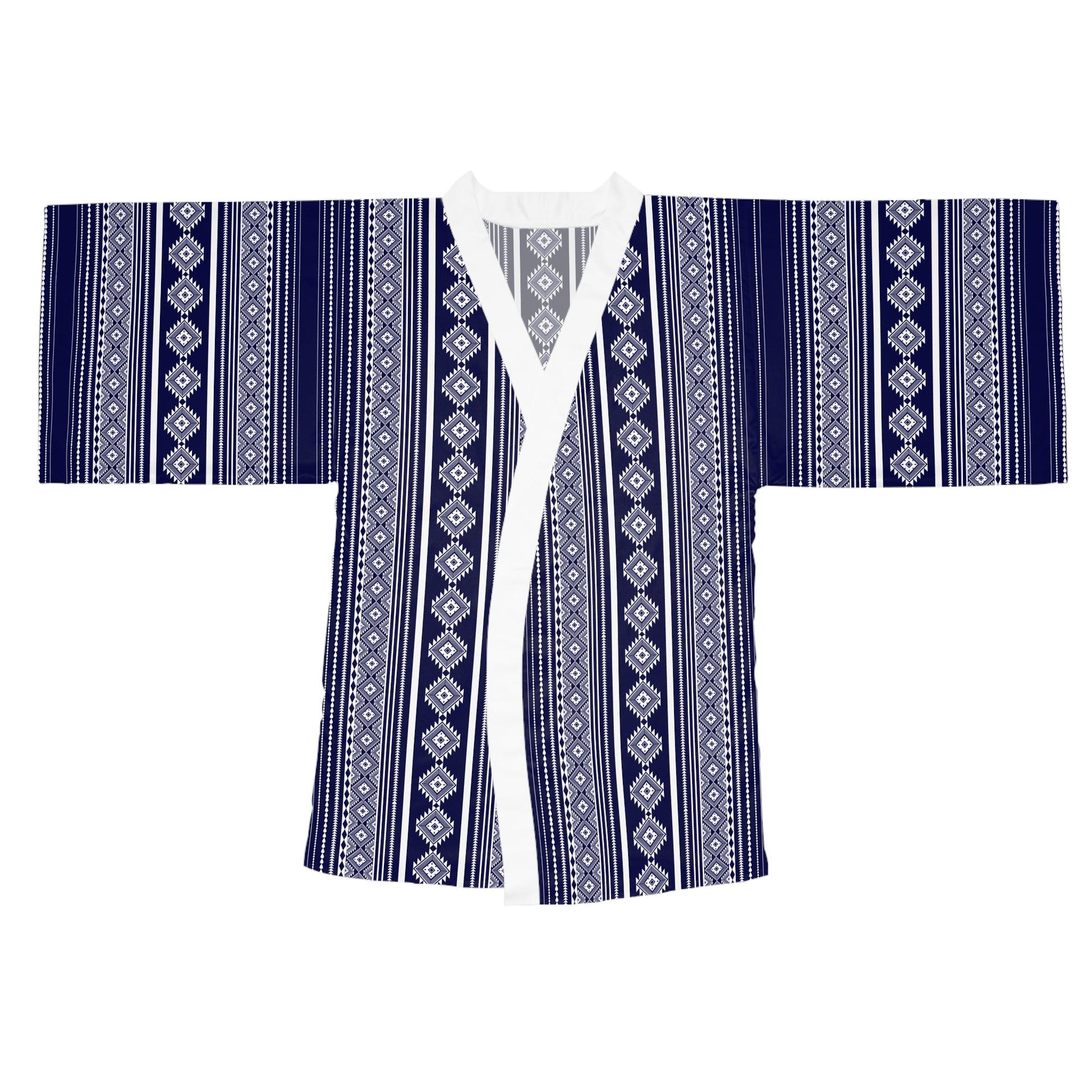 Navy Blue Patterned Long Sleeve Kimono Robe - Stylish Homewear for Relaxation & Celebrations - Roe Creation