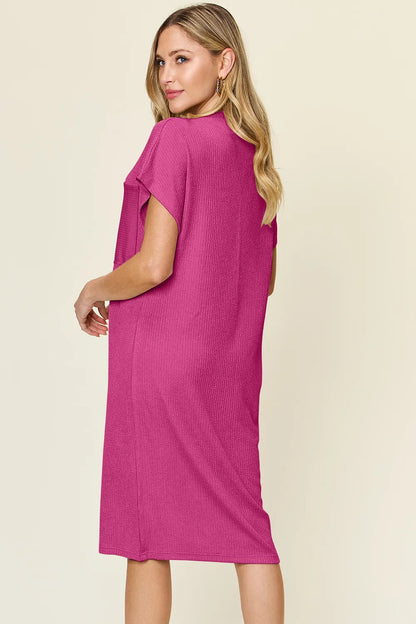 Double Take Full Size Texture Mock Neck Short Sleeve Dress - Roe Creation