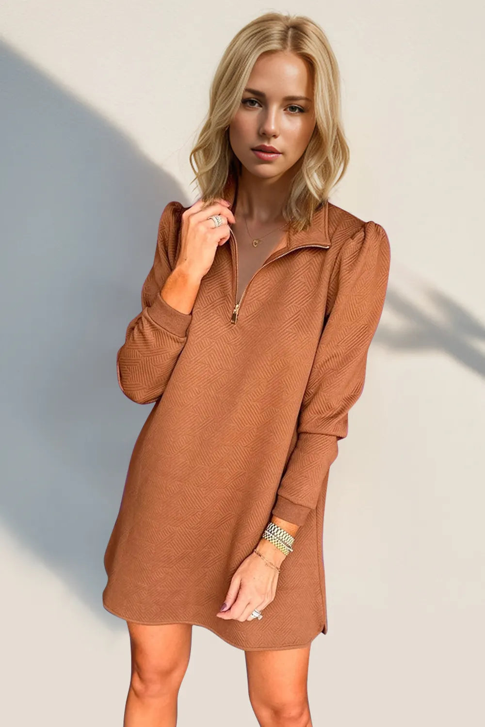 Double Take Textured Quarter Zip Long Sleeve Dress - Roe Creation
