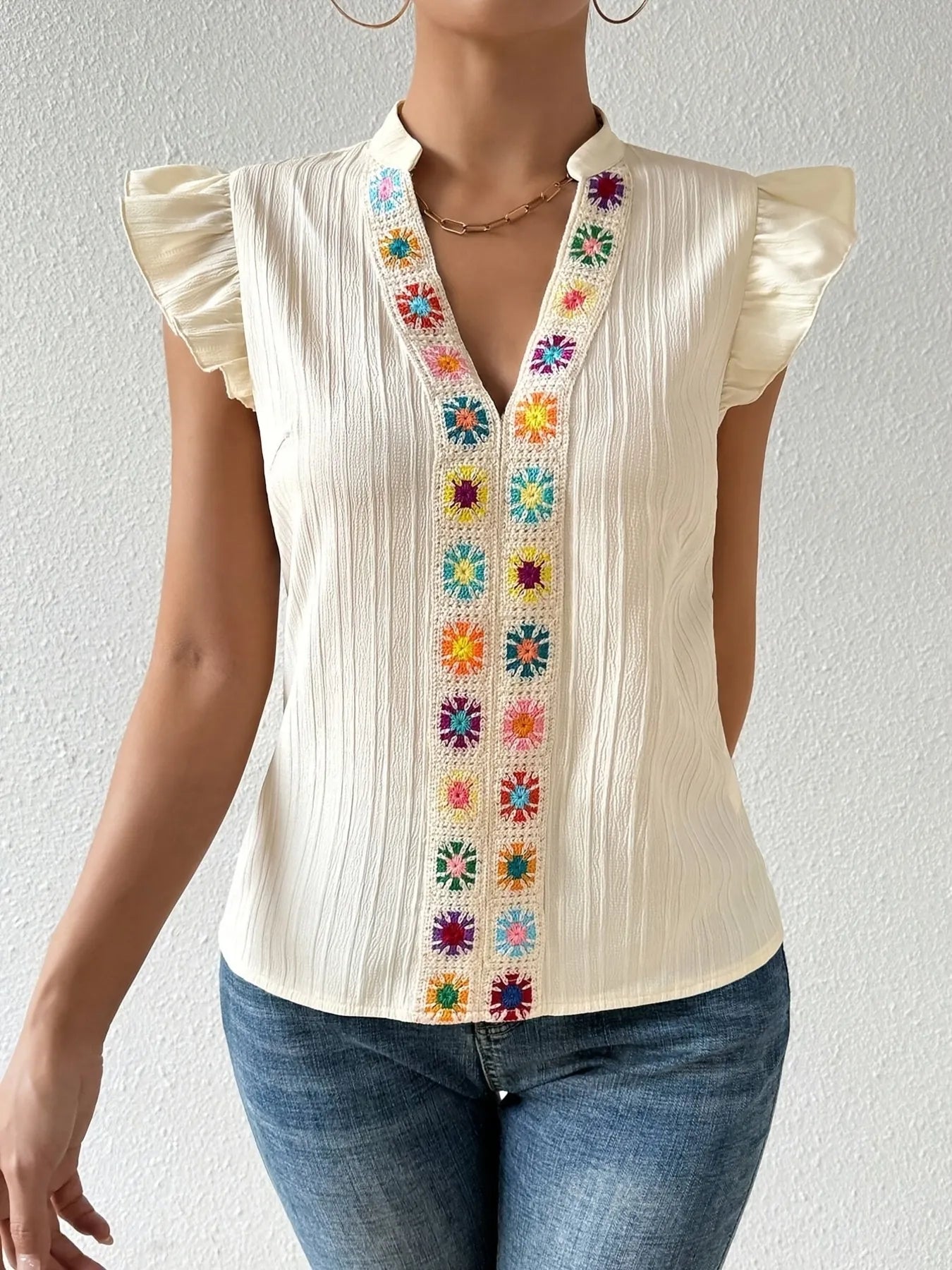 Embroidered Notch Neck Blouse with Cap Sleeves - Roe Creation