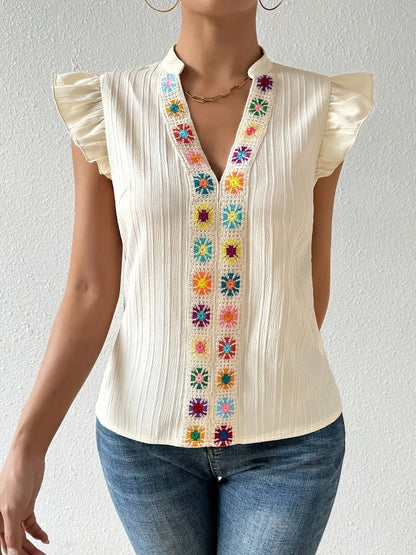 Embroidered Notch Neck Blouse with Cap Sleeves - Roe Creation