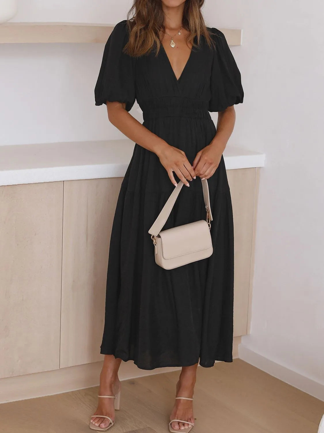 V-Neck Puff Sleeve Midi Dress - Roe Creation
