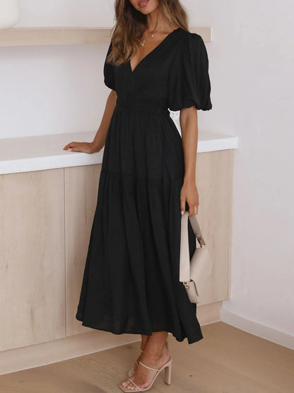 V-Neck Puff Sleeve Midi Dress - Roe Creation