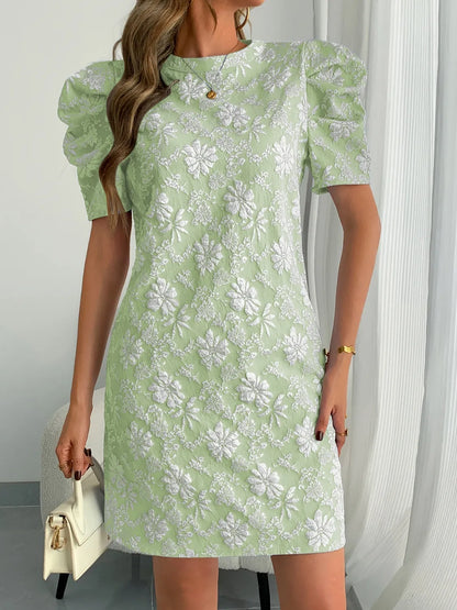 Round Neck Puff Short Sleeve Mini Dress - Roe Creation