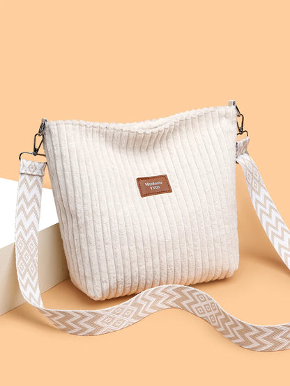 Solid Colour Corduroy Crossbody Bag with Removable Strap - Roe Creation