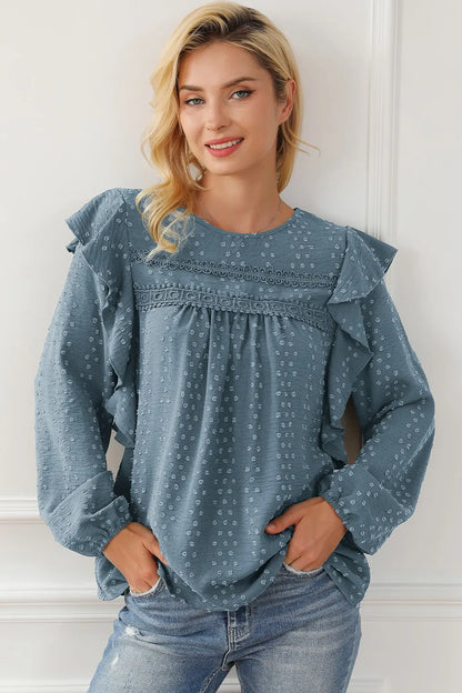 Women’s Round Neck Ruffled Blouse with Lace Detail – Elegant Casual Top - Roe Creation