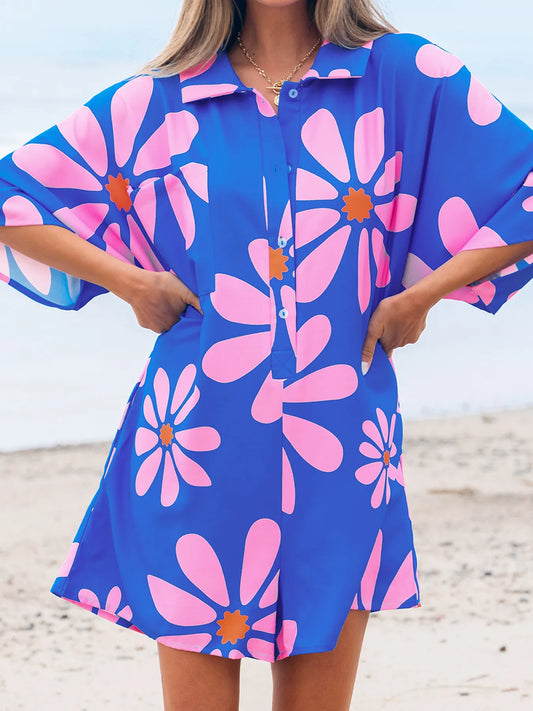Summer Flower Print Shirt Collar Button Front Loose Romper - Roe Creation