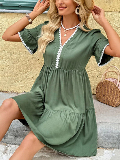 Lace Trim Notched Neck Mini Dress with Flounce Sleeves – Chic Summer Style - Roe Creation