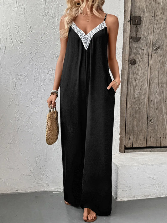 Lace Trim V-Neck Wide Leg Jumpsuit - Roe Creation