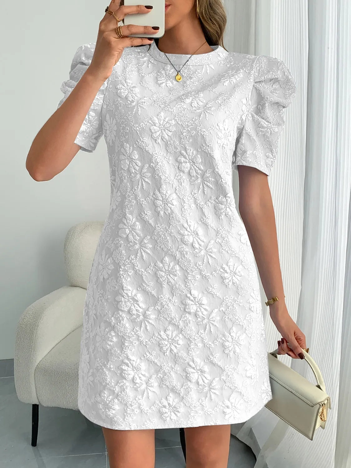 Round Neck Puff Short Sleeve Mini Dress - Roe Creation