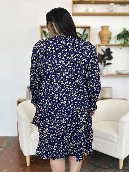 Double Take Full Size Printed Ruffle Hem Long Sleeve Tiered Dress - Roe Creation