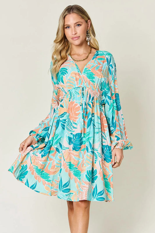 Double Take Full Size Printed V-Neck Drawstring Dress - Roe Creation