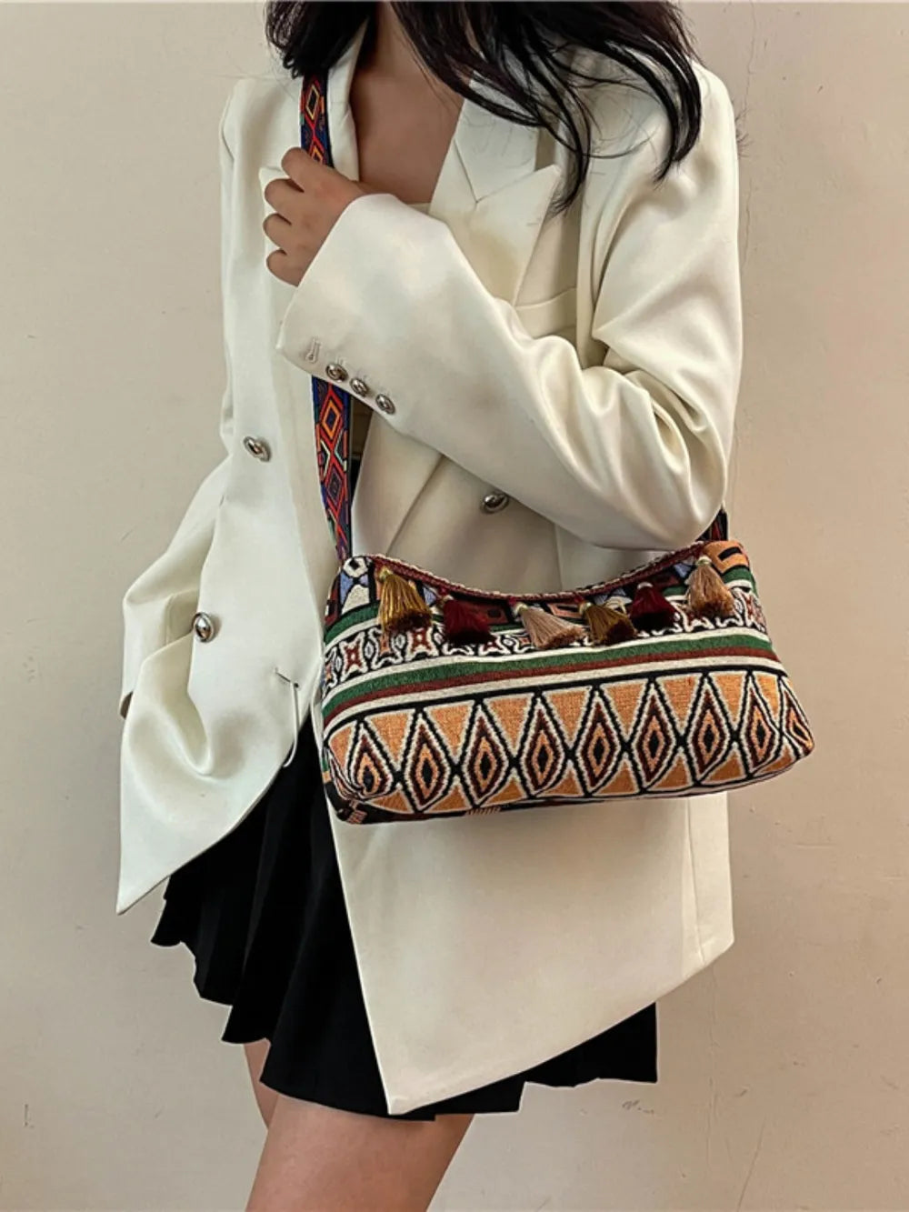 Retro Patterned Shoulder Bag with Tassel and Adjustable Strap - Roe Creation