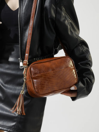 Tassel Cassette Vintage Crossbody Bag with PU Leather and Printed Strap - Roe Creation