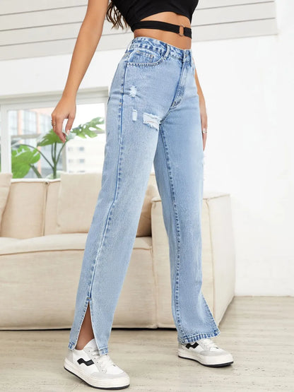 Distressed Slit Straight Leg Jeans - Roe Creation