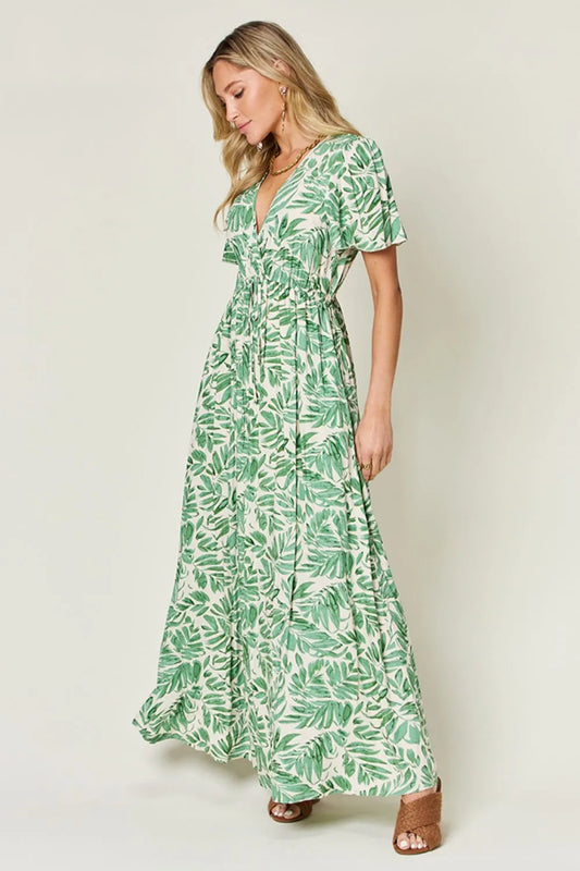 Double Take Full Size Printed Drawstring Short Sleeve Dress - Roe Creation