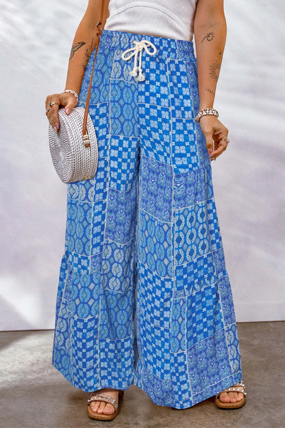 Full Size Drawstring Printed Wide Leg Pants - Roe Creation