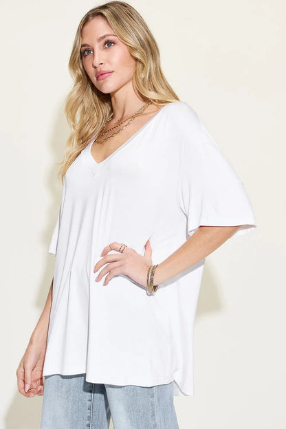 Basic Bae Full Size Bamboo V-Neck Drop Shoulder T-Shirt - Roe Creation