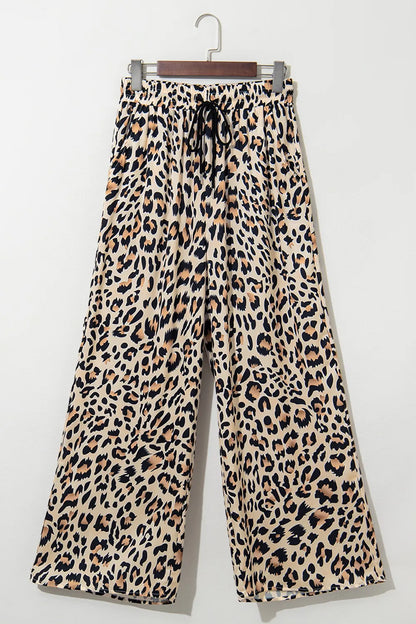 Parchment Leopard Drawstring Flowy Wide Leg Pants - Roe Creation