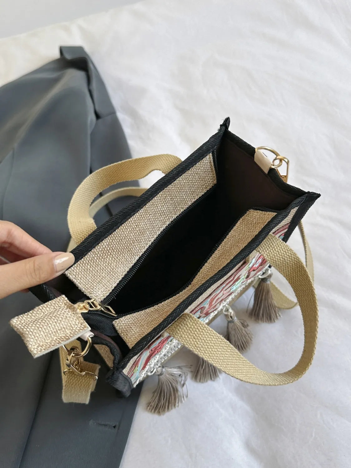 Vintage Embroidered Handbag with Tassel and Canvas Strap - Roe Creation